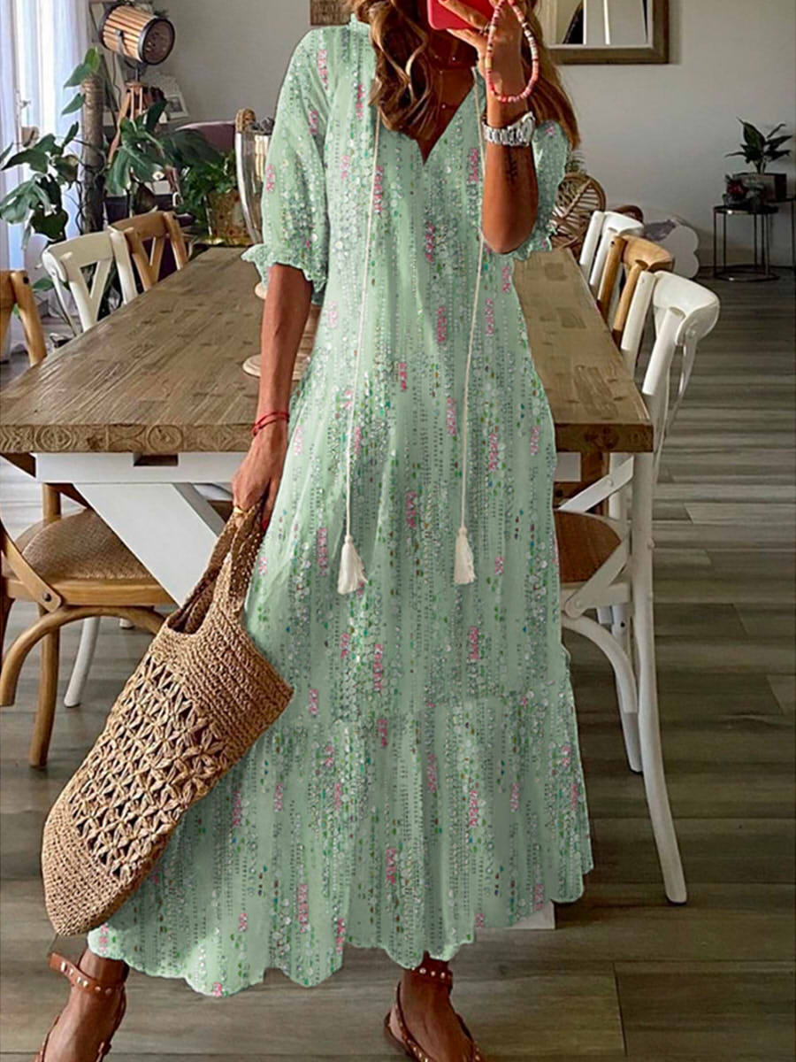 Casual V-neck Abstract Printed Maxi Dress