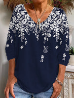 Blue Floral Print V Neck Long Sleeve Blouse
