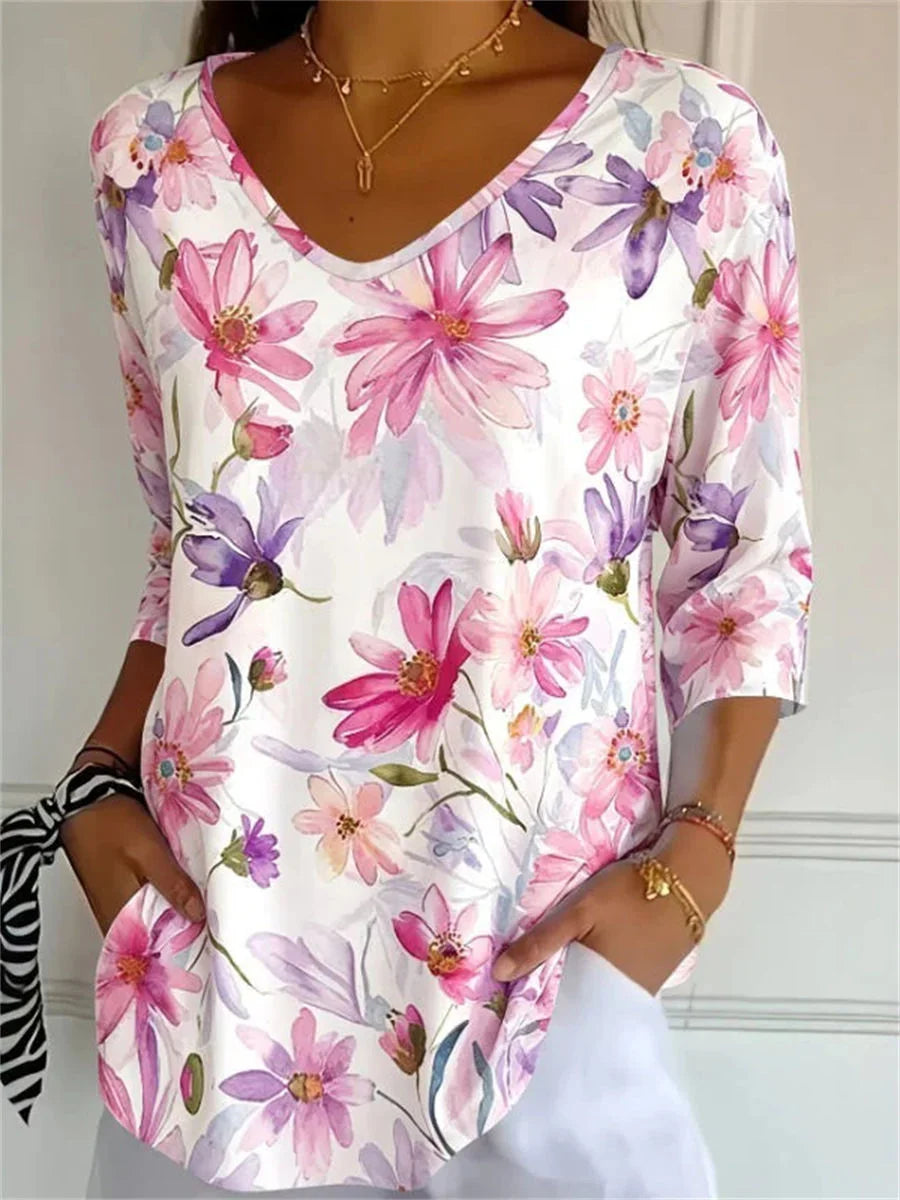 Vintage Floral Print V-neck 3/4 Sleeve Blouse