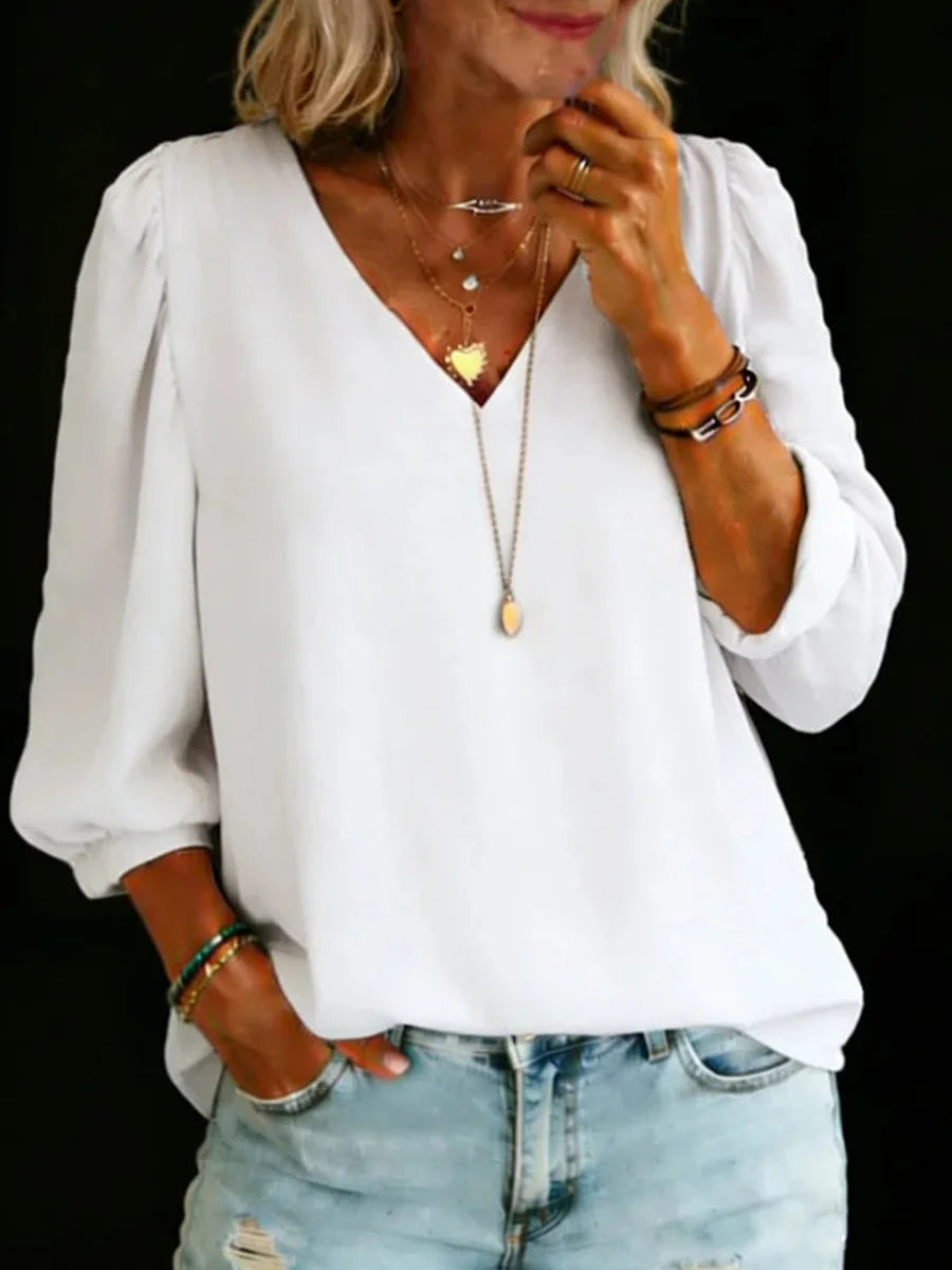 Women's V-neck Solid Color Loose Long-sleeved Shirt