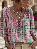 Pink Watercolor Dot Ruffle Tie Front V-neck 3/4 Boho Blouse