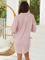 Pink Solid Casual Tops Collared Long Sleeve Blouse