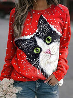 Red Casual Graphic Tops Round Neck Cat Printed Long Sleeve Sweatshirt