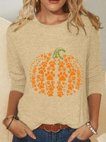 Halloween Crew Neck Long Sleeve Pumpkin Print Blouse