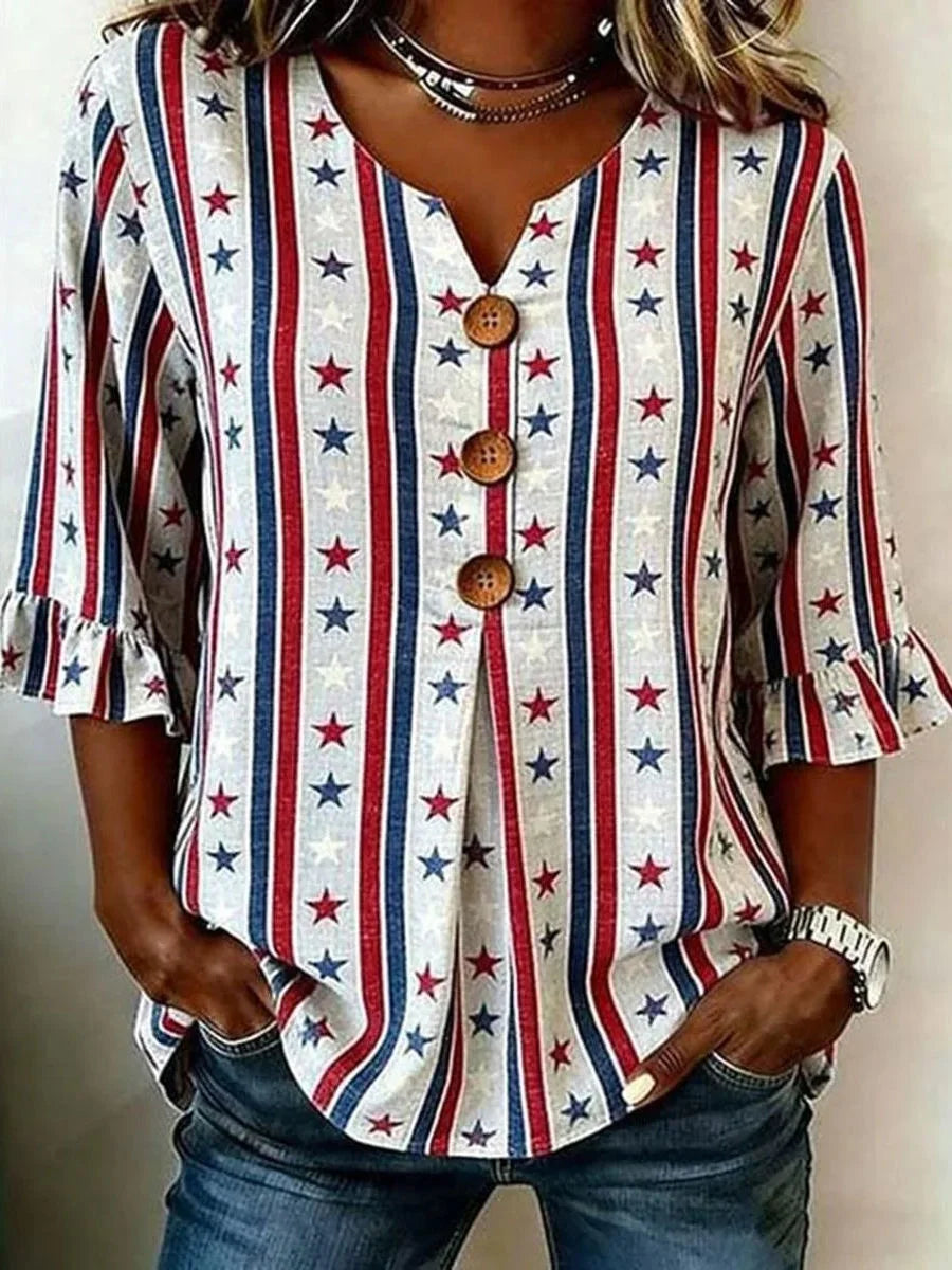 Star Striped 3/4 Ruffle Sleeve V-neck Shirt