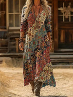 Vintage Ethnic Print V-neck Long Sleeve Dress