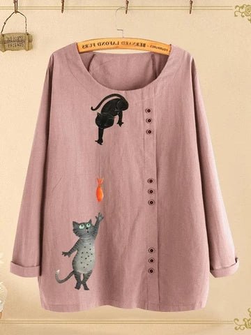 Button Cartoon Cat Print Long Sleeve Blouse