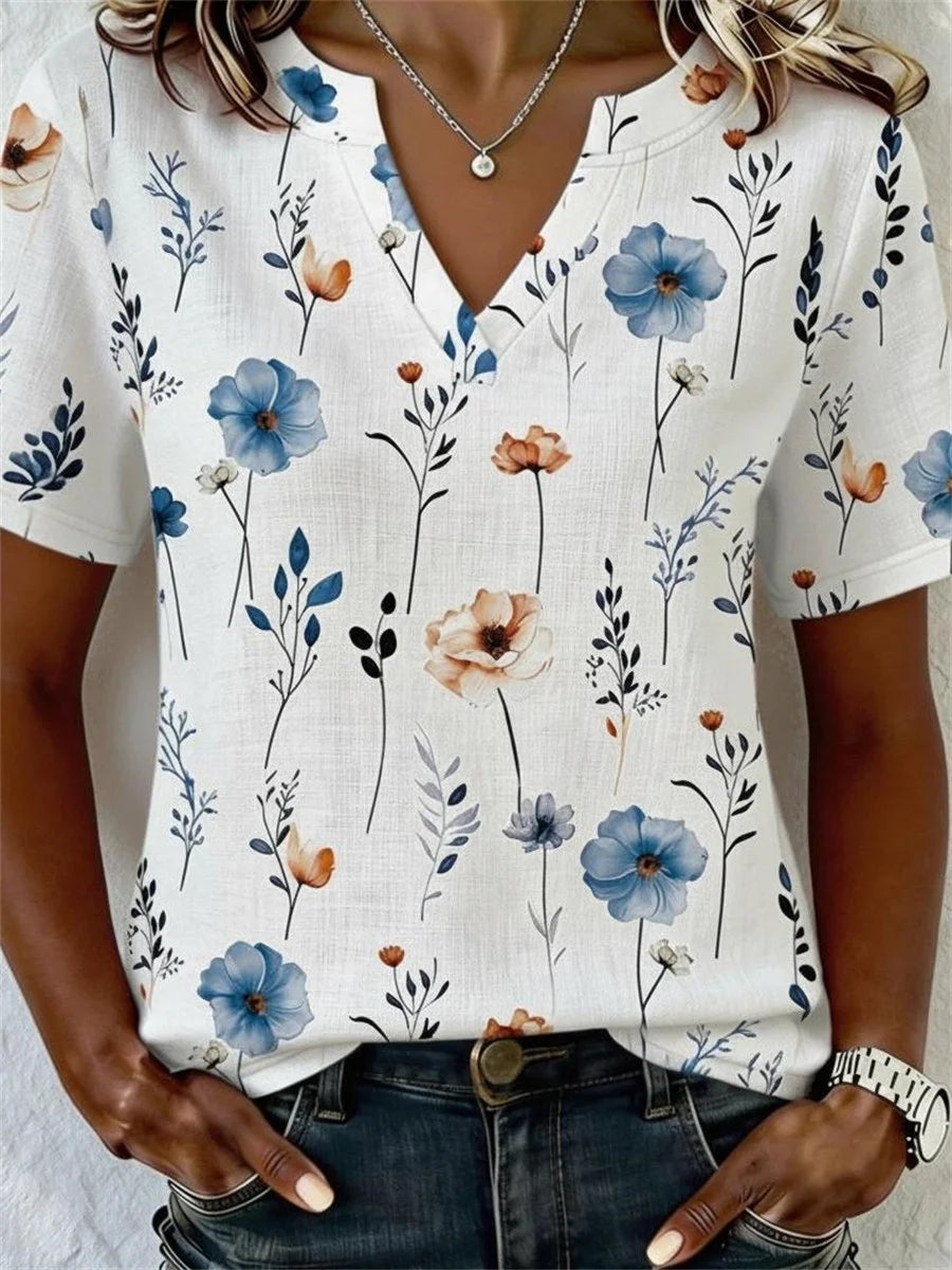 Ditsy Floral Print V-Neck Short-Sleeve Casual Blouse