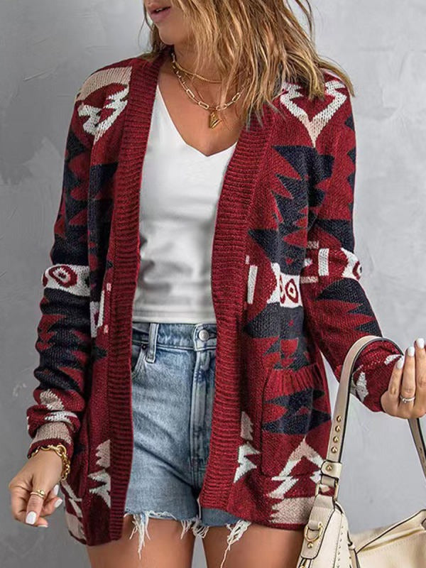 Red Casual Lapel Long Sleeve Sweater