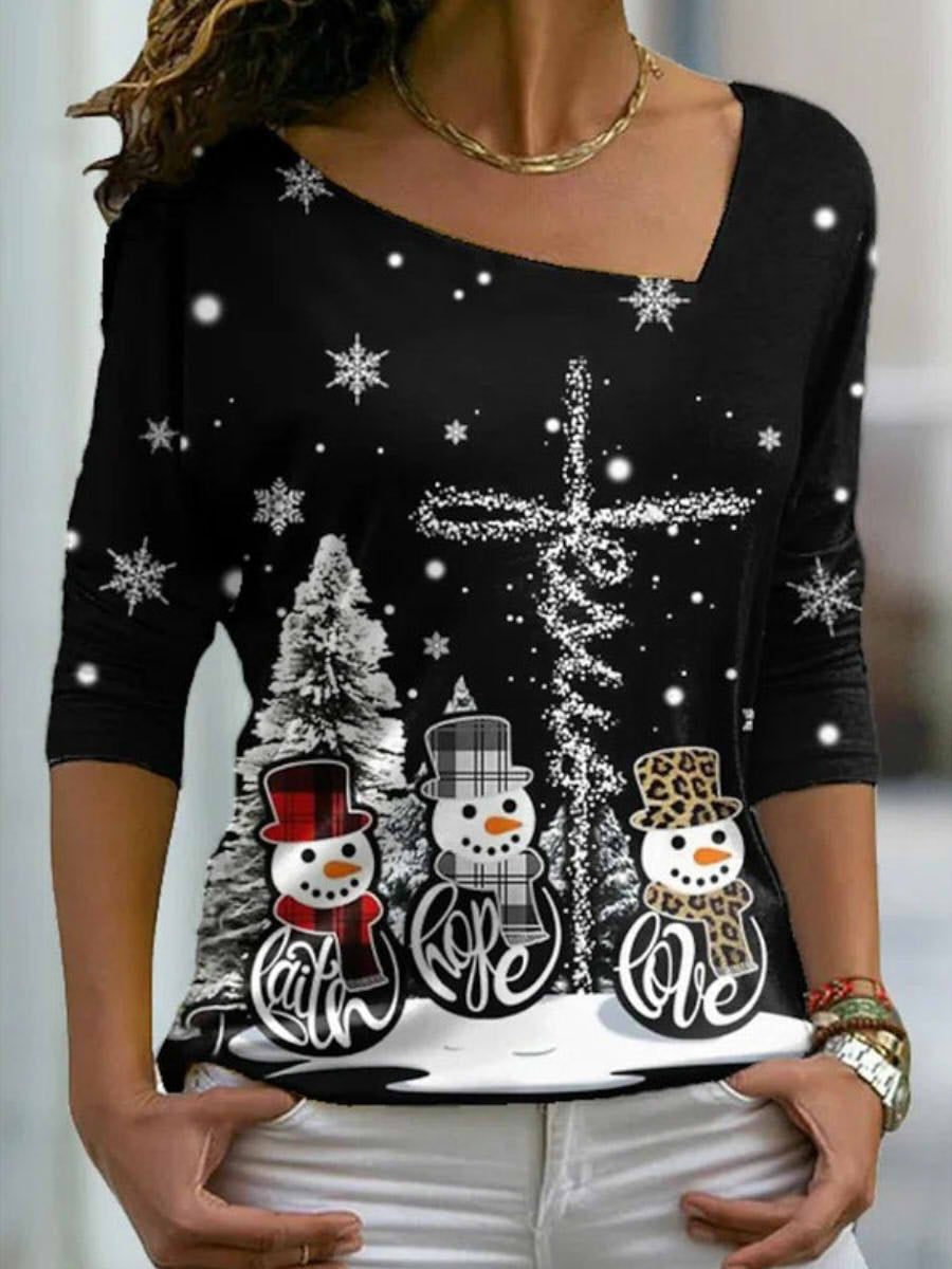 Snowman Print Asymmetrical V-neck Long Sleeve Sweatshirt