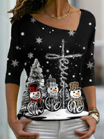 Snowman Print Asymmetrical V-neck Long Sleeve Sweatshirt