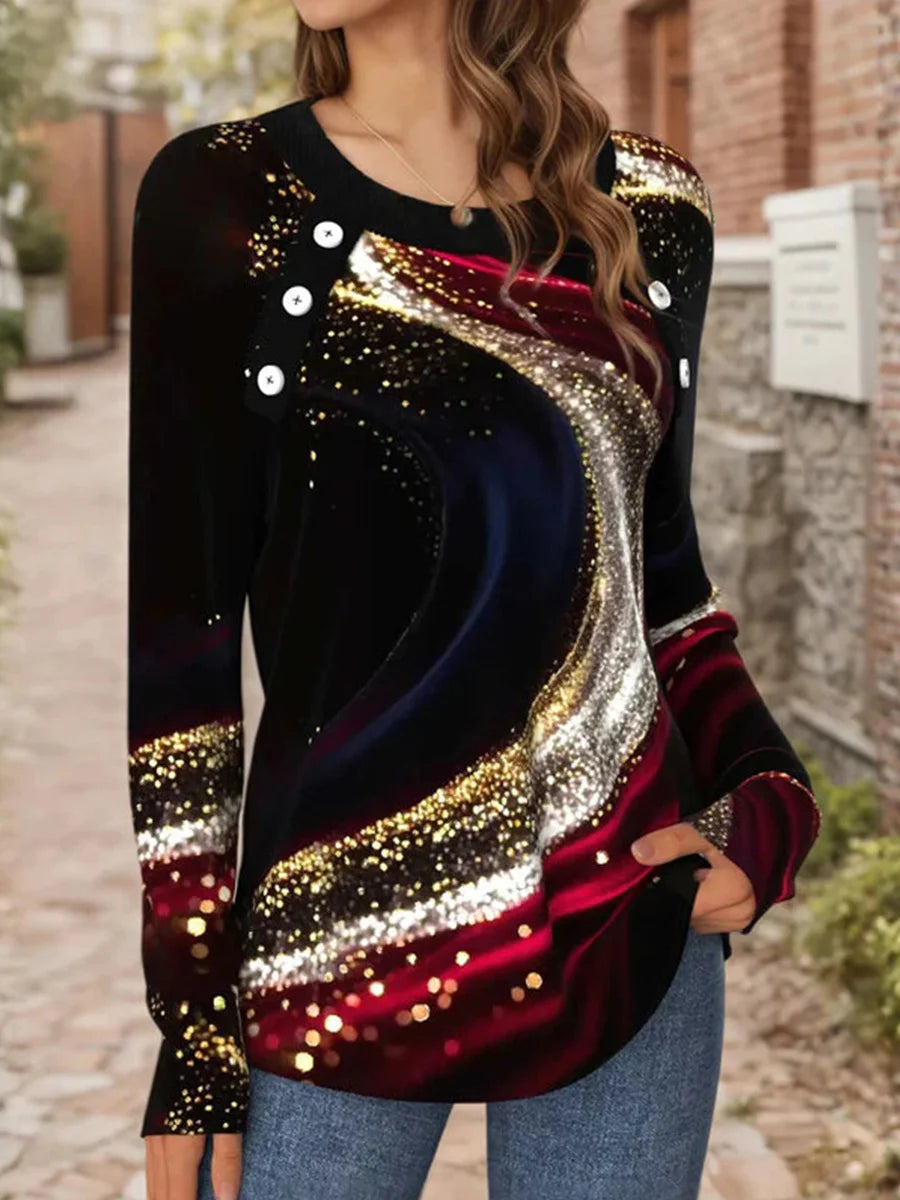 Casual Gradient Round Neck Long Sleeve Blouse