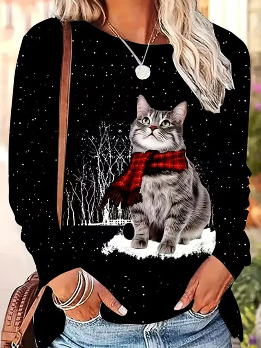 Casual Cat Print Round Neck Long Sleeve T-Shirt