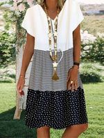 V-neck Stripe Polka Dot Print Casual Short Sleeve Short Knee Length Dress