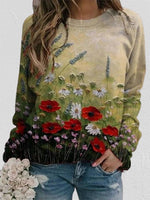 Red Casual Graphic Tops Round Neck Long Sleeve Floral Printed Sweatshirts