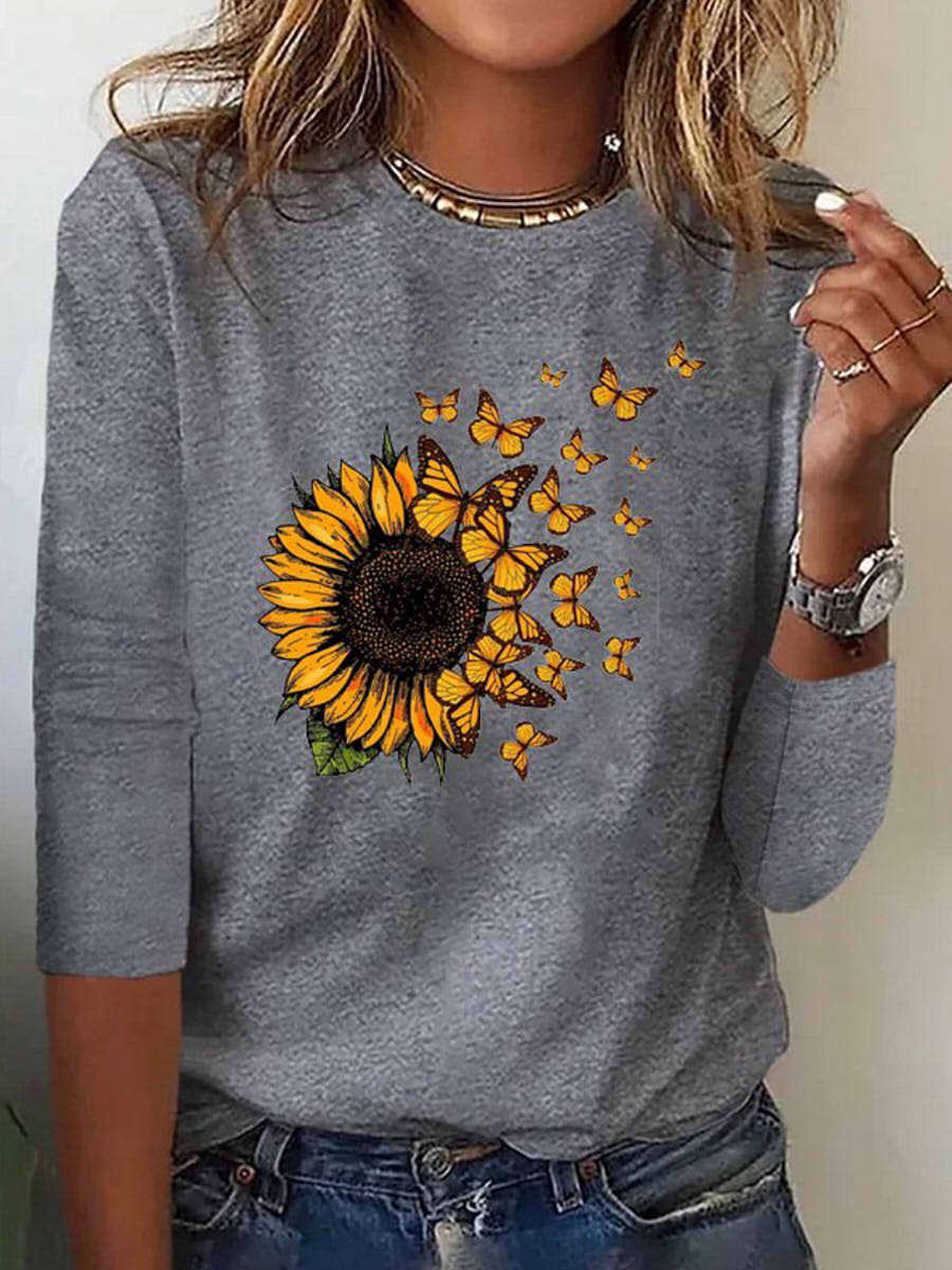 Casual Crew Neck Long Sleeve Sunflower T-shirt