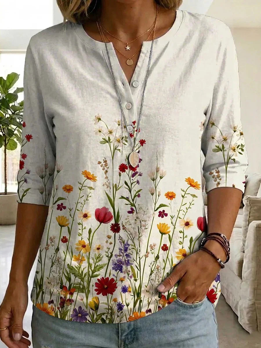 White Wildflower Print Henley 3/4 Sleeve Blouse