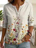 White Wildflower Print Henley 3/4 Sleeve Blouse