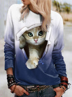Blue Cat Street Round Neck Long Sleeve Sweatshirt
