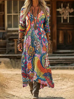 Colourful Floral Print V-neck Long Sleeve Dress