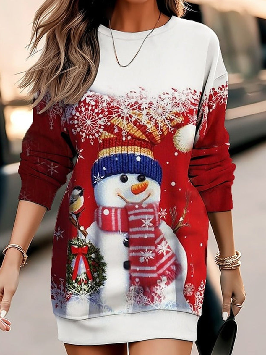 Christmas Round Neck Snowman Printed Loose Casual Dresses