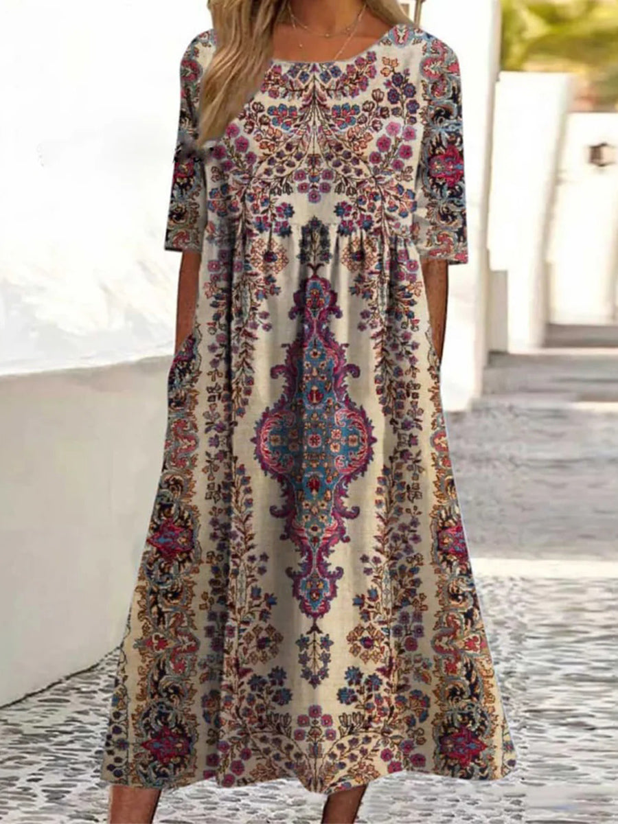Round Neck Short Sleeve Brown Midi Dress