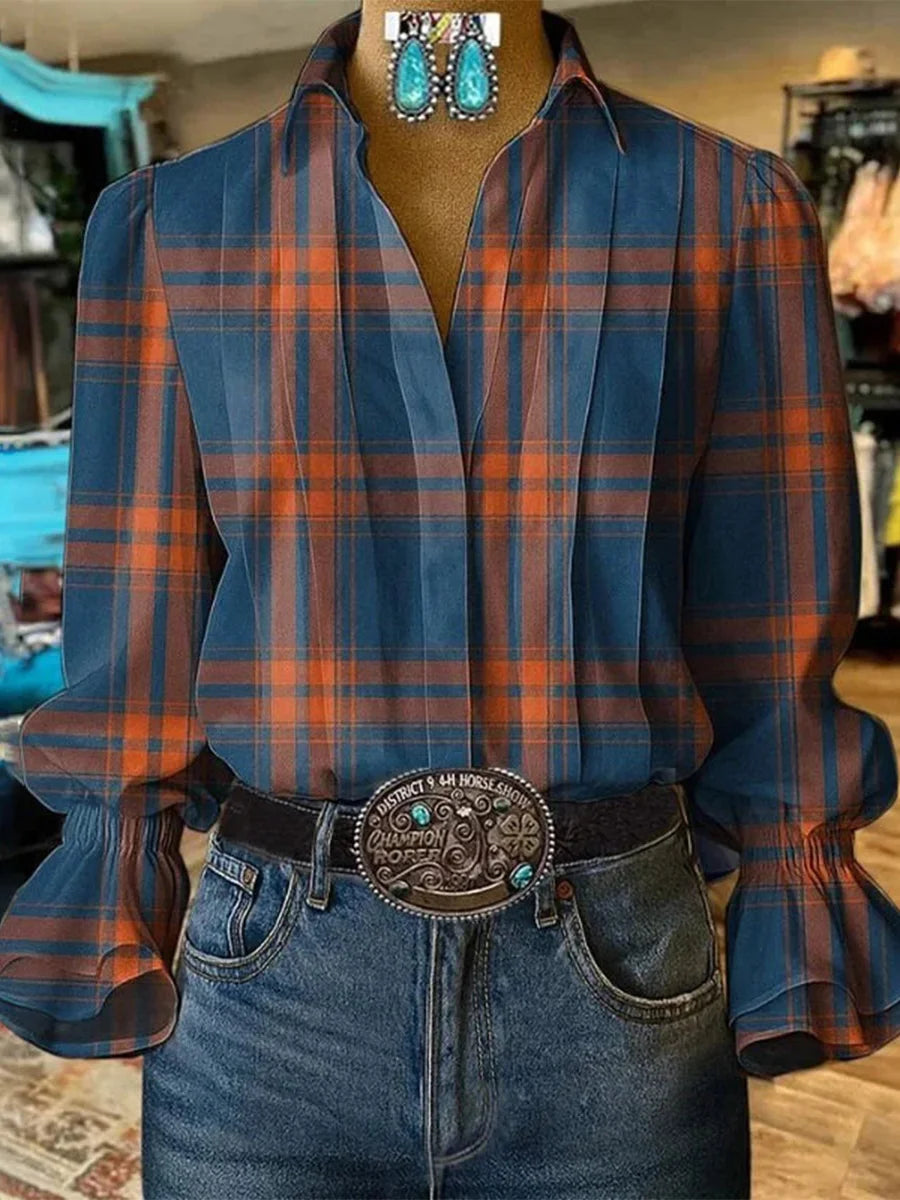 Vintage Plaid Long Sleeve Blouse