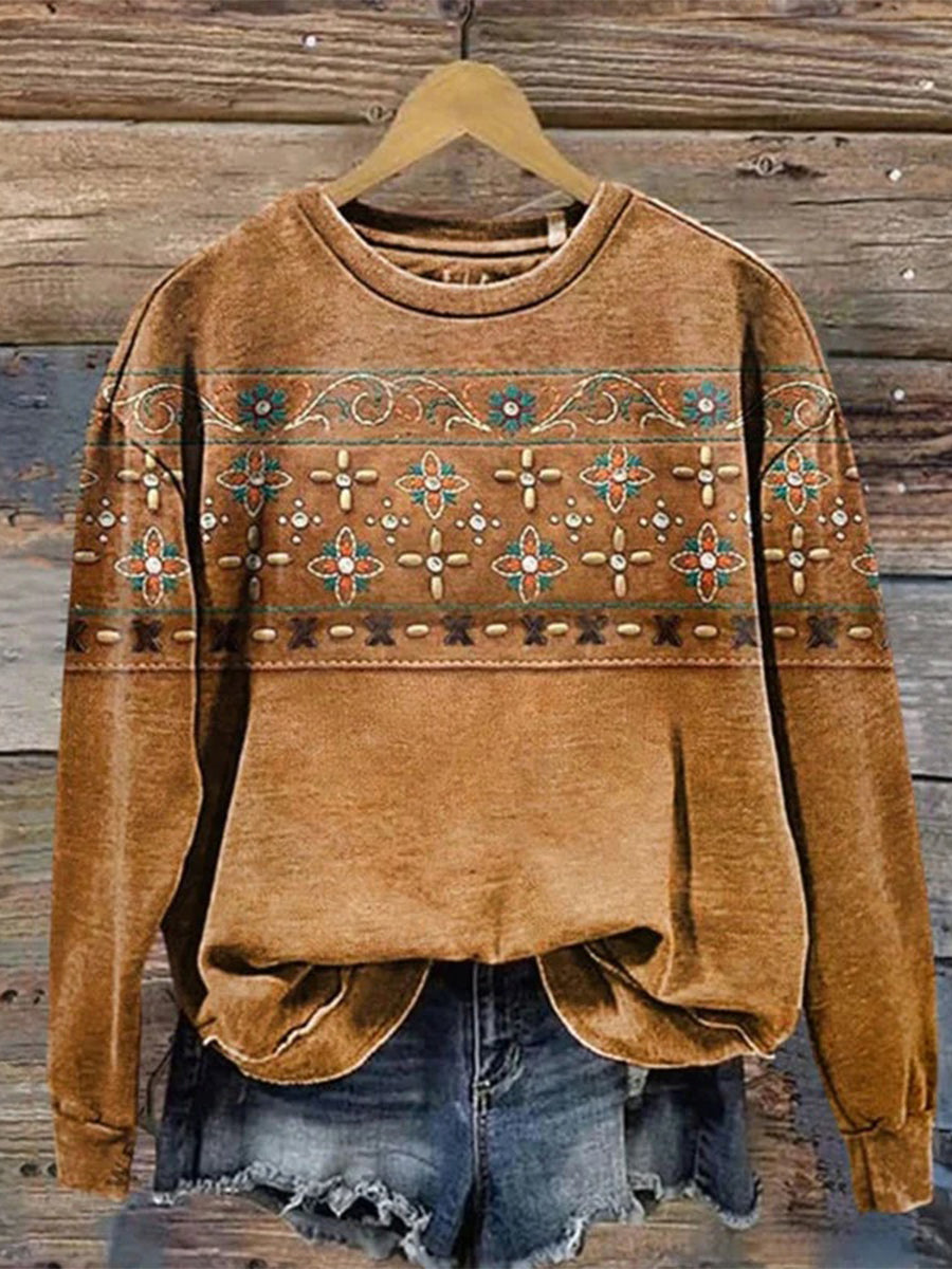 Vintage Floral Print Round Neck Long Sleeve Sweatshirt
