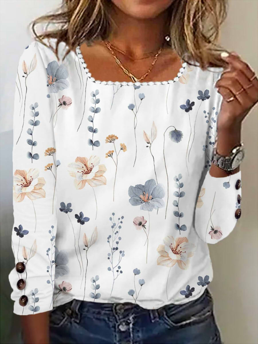 Square Neck Long Sleeve Loose Floral Buttoned Cuffs Shirt