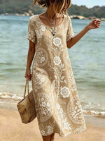 Beige Floral Bird Print Round Neck Short Sleeve Midi Dress