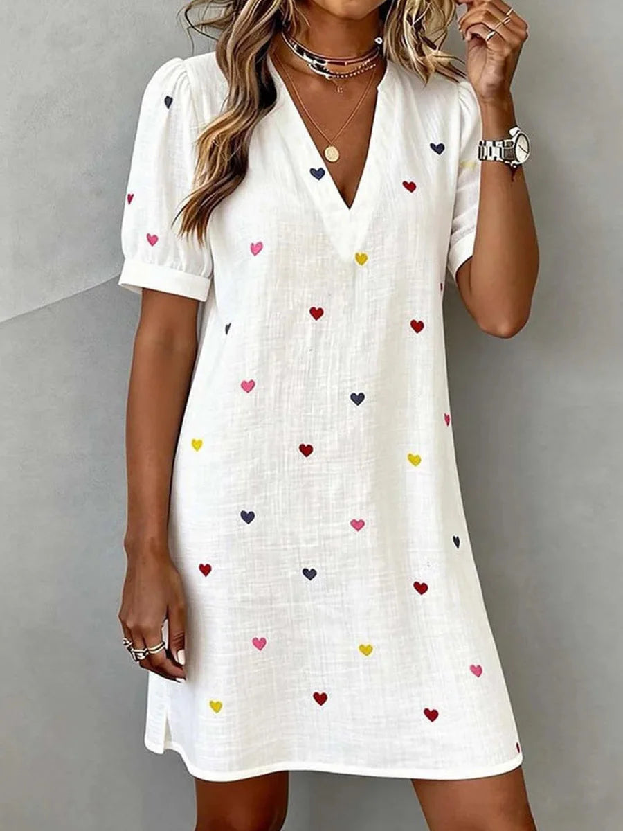 Basic Short Sleeve Heart Print V-Neck Mini Dress