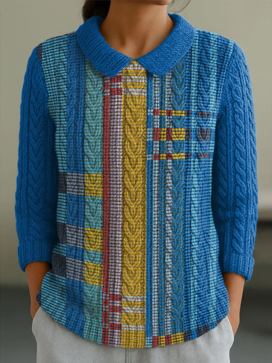 Women's Geometric Color Splicing Casual 3/4 Sleeve Sweater
