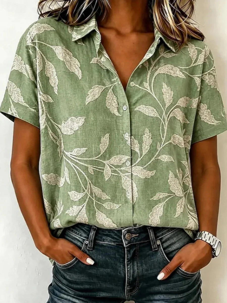 Sage Green Leaf Print Collared Short Sleeve Linen Blouse
