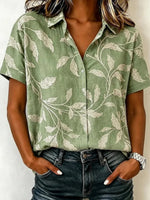 Sage Green Leaf Print Collared Short Sleeve Linen Blouse