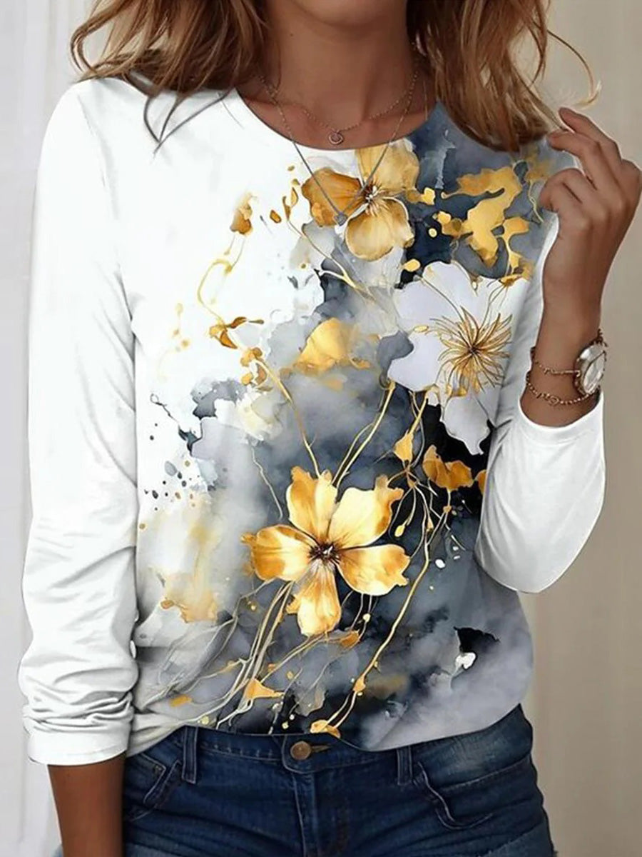 Floral Print Round Neck Long Sleeve Top
