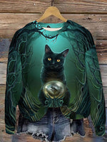 Green Casual Cat Print Sweatshirt