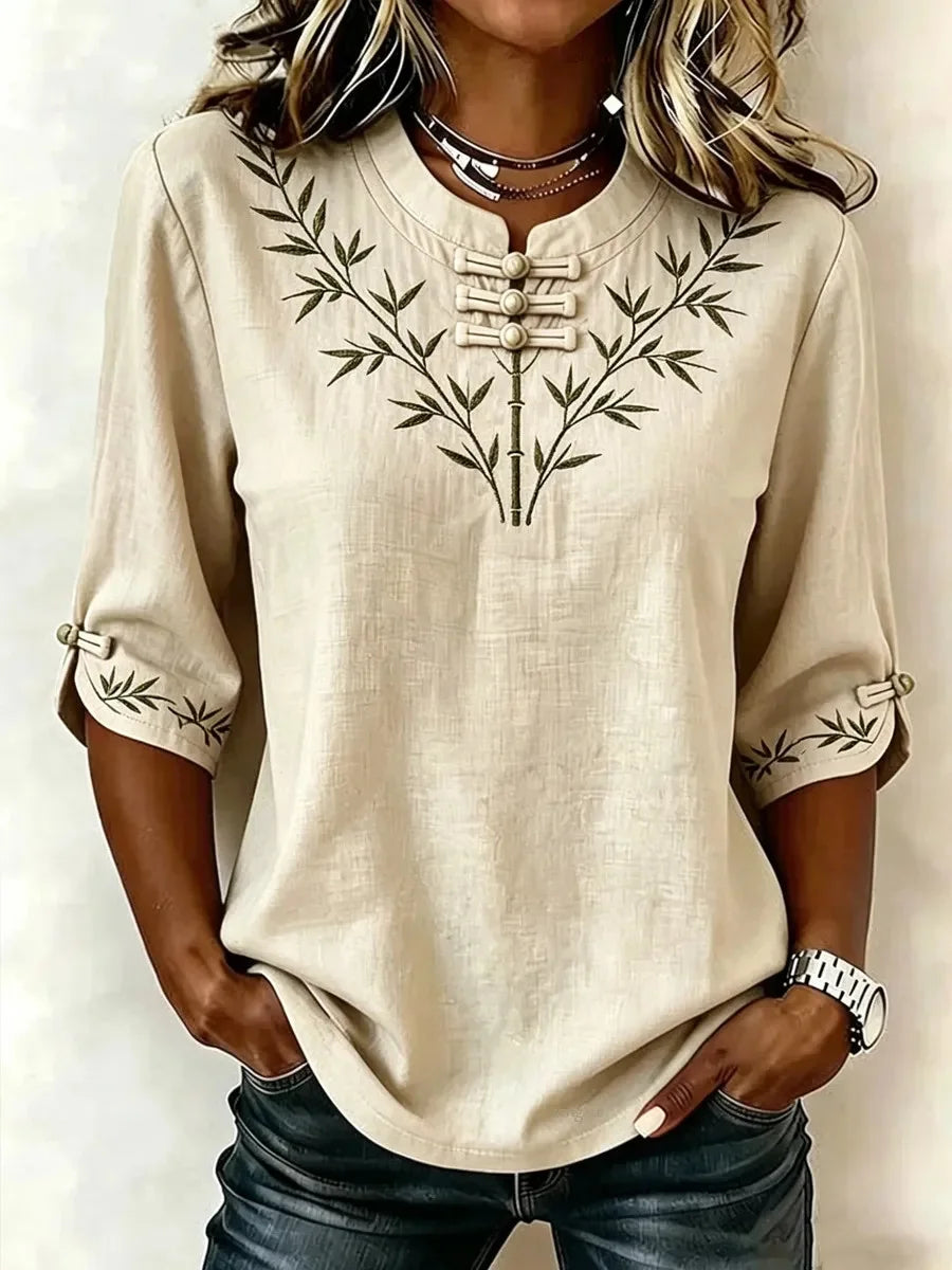 Vintage Half Sleeve Leaf Printing Regular Micro-Elasticity Regular Fit Blouse