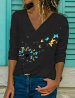 Women's Floral Butterfly Print Long Sleeve V-neck Blouse