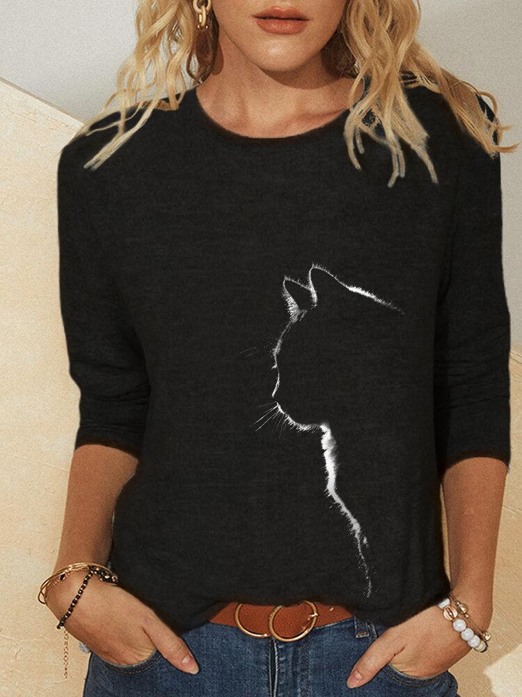Solid Cat Printed Long Sleeve Round Neck Casual Blouse