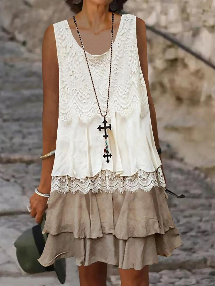 Women's Sleeveless Lace Layered Ruffle Hem Casual Dress