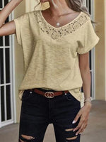 Casual Solid Lace Split Joint V Neck T-Shirt