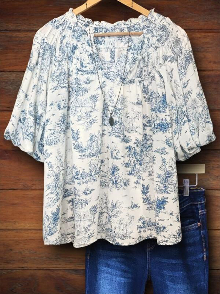 Vintage Floral Half Sleeve Ruffle Casual Blouse