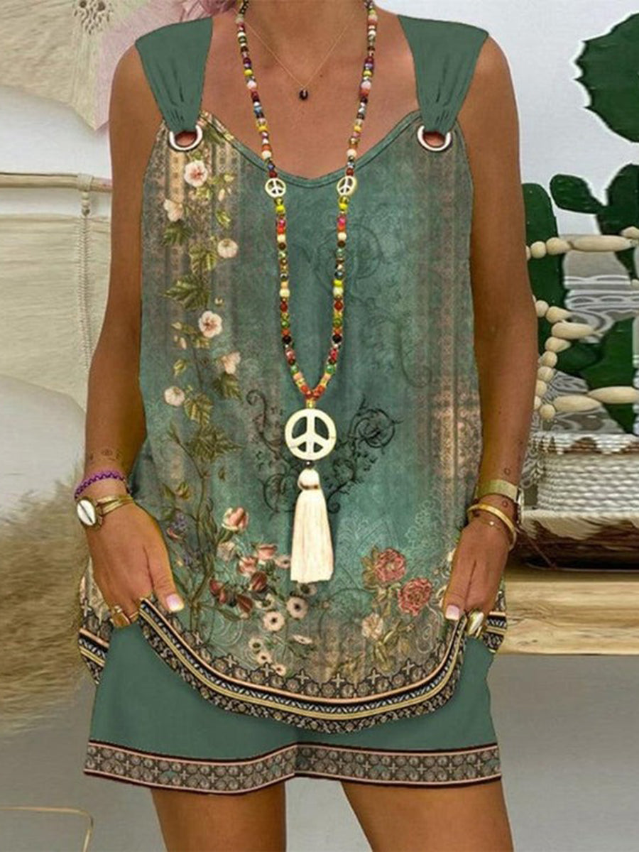 Green Sleeveless Print Two Piece Set