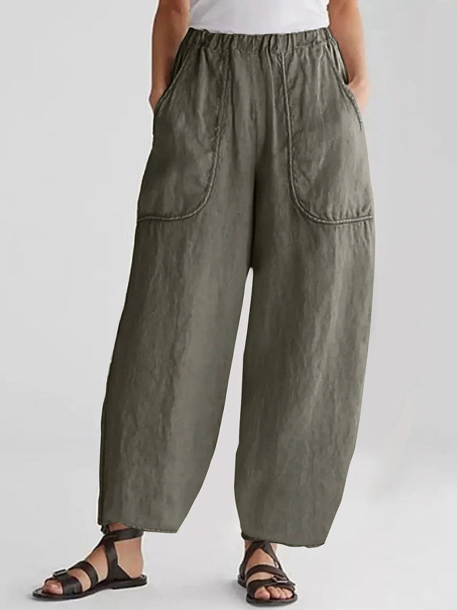 Solid Patched Pockets Casual Pants