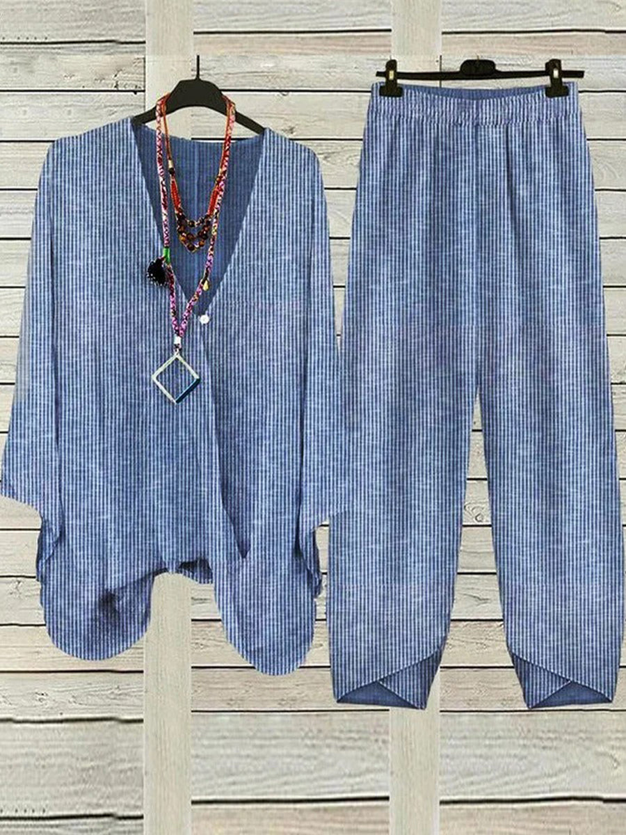 Striped V Neck Long Sleeve Loose Casual Two-Piece Set