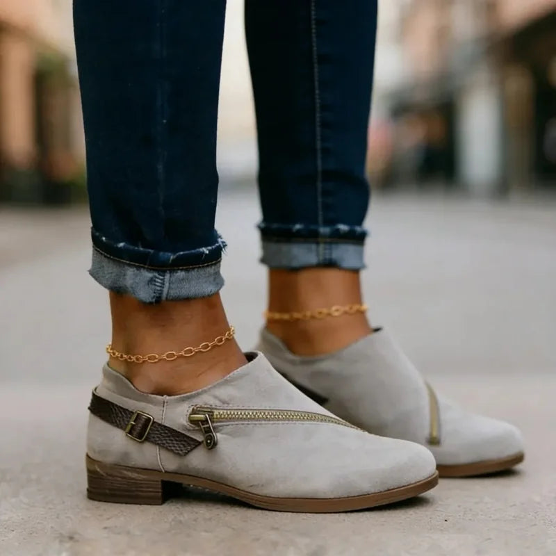 Women's Casual Retro Round-Toe Low-Heel Zipper Boots