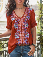 Casual Short Sleeve Patchwork V-neck Blouse