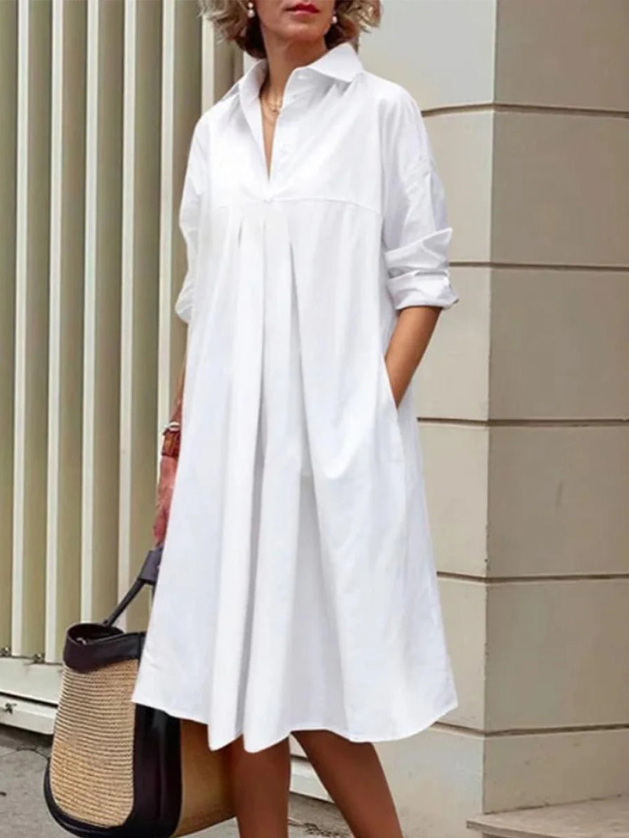 Basic Lapel Long Sleeve Plain Mini Dress