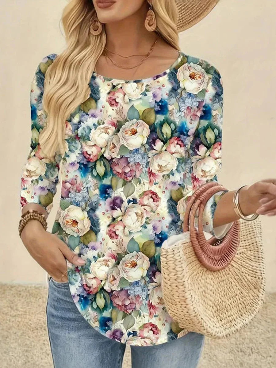 Vintage Floral Print Round Neck Long Sleeve T-Shirt