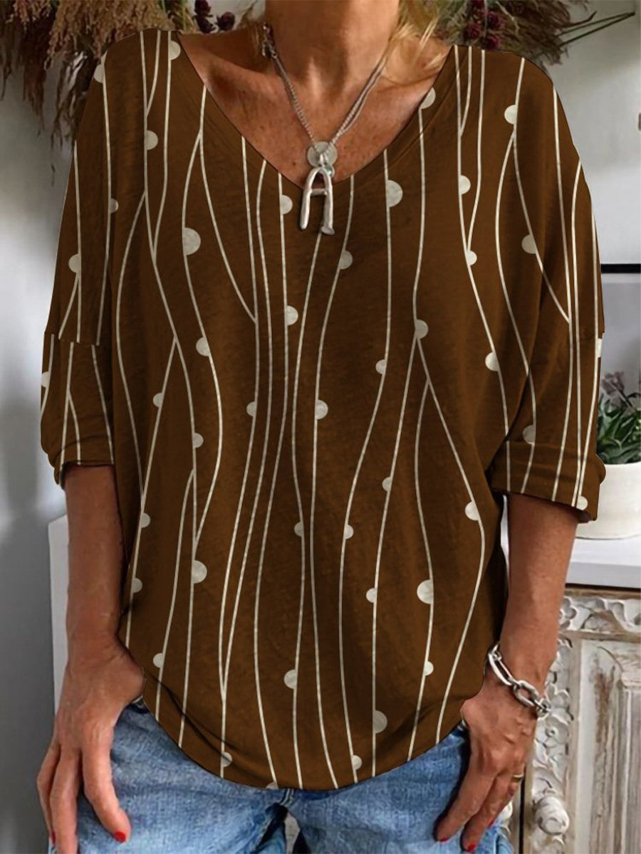 Casual Abstract V Neck Long Sleeve Blouse